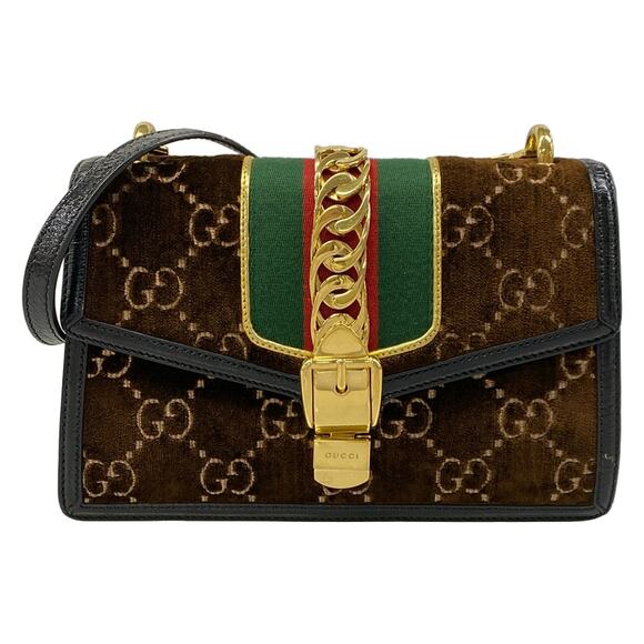 Gucci Handbags - Gucci Sylvie Small Shoulder Bag 524405 Dark Brown Black Multi Velour Patent